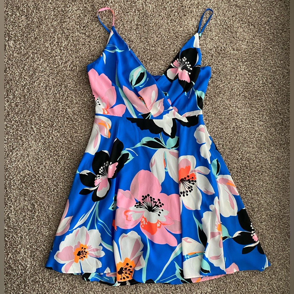 Express Blue Floral Surplice Fit and Flare Dress